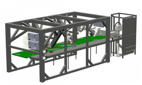Simulering af pakkeanlæg med 4 ABB robotter set fra siden