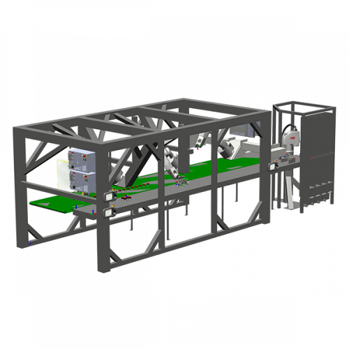 Simulering af pakkeanlæg med 4 ABB robotter set fra siden